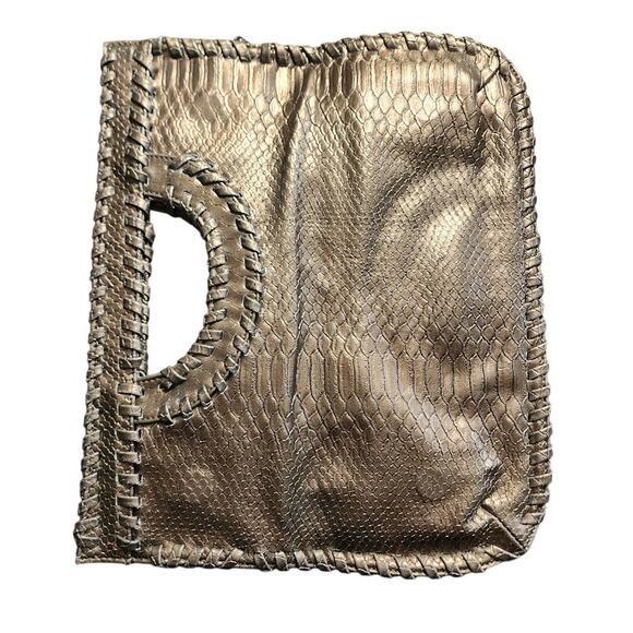Big Buddha Snake Skin Foldover Whipstitch Metallic Clutch Purse - Picture 2 of 6